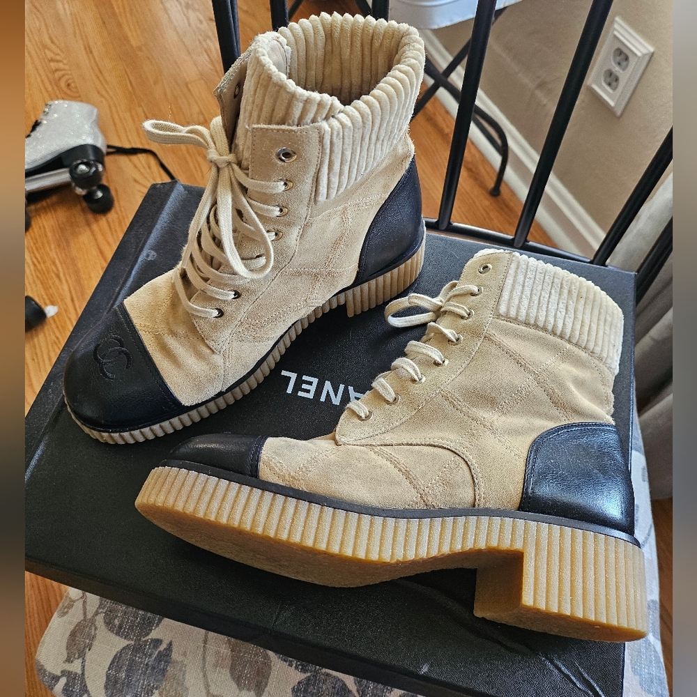 Beige and Black Suede Calfskin Chanel Boots